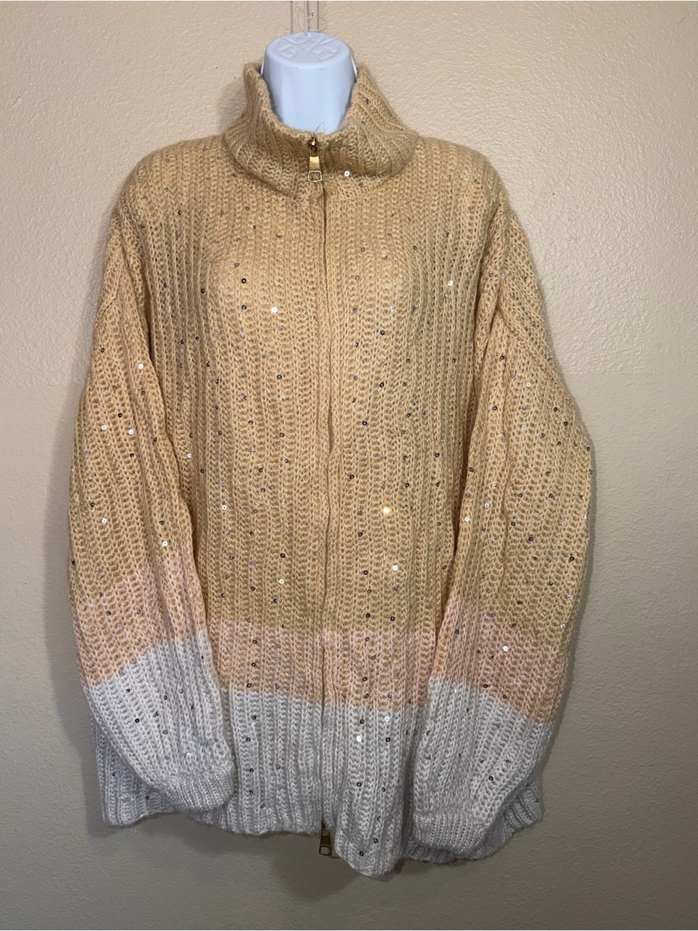 Chunky Zip-Front Women's Sweater in Beige with Sequin Detail